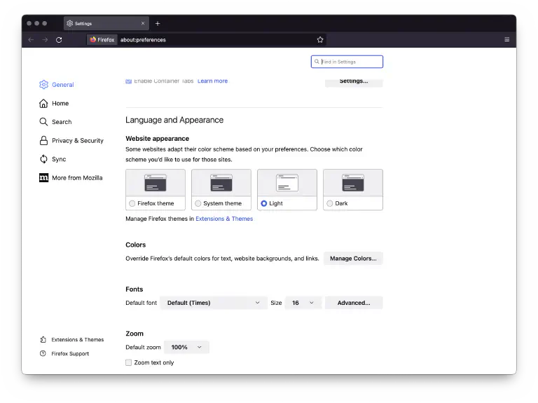 Dark Mode Einstellungen in Firefox 100